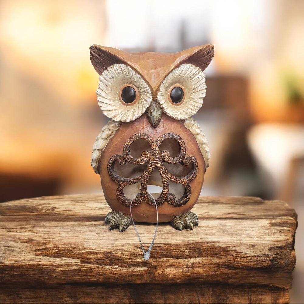 Carved Wood OWL Tea Light Votive Candle Holder Rustic HOOT Fall Halloween Autumn
